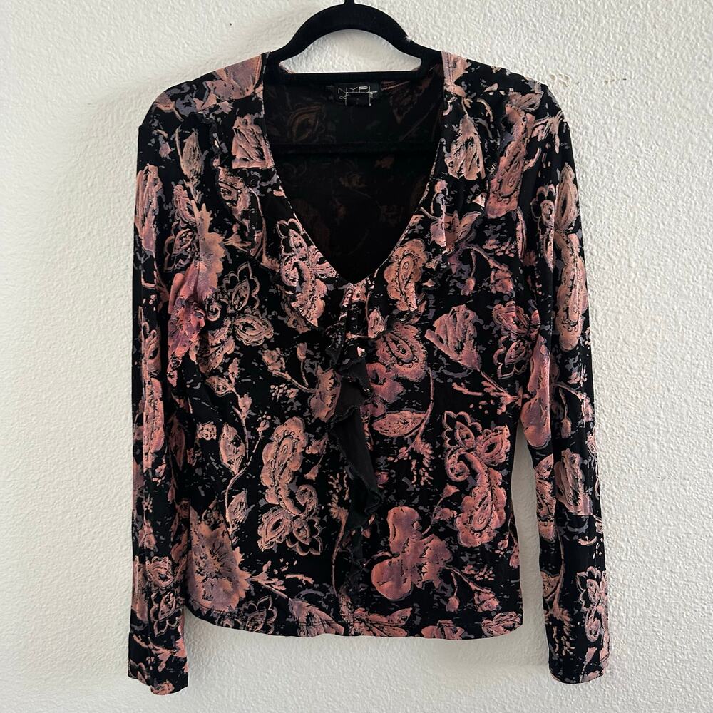 Whimsigoth Floral V-Neck Long Sleeve Retro 90s Top Black Pink Size Medium